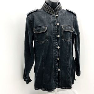 Bill Blass Vintage Military Style Button Up Dark Wash Jean Jacket Size Medium
